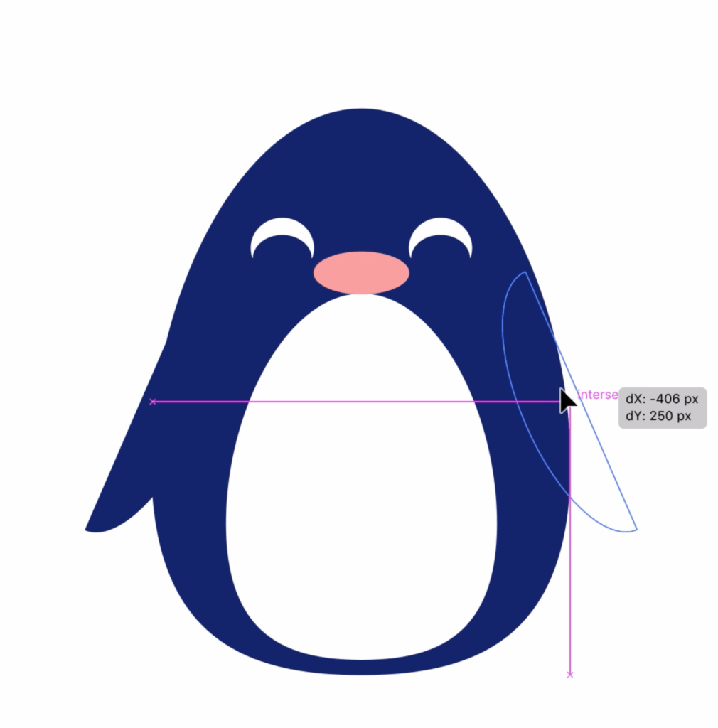 Penguin with a wide crescent circle on the left side and right crescent circle outline on the right
