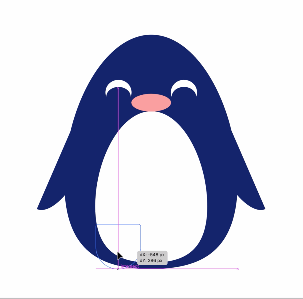 Illustration of a blue penguin shape with a pink beak and white belly being adjusted with path guides