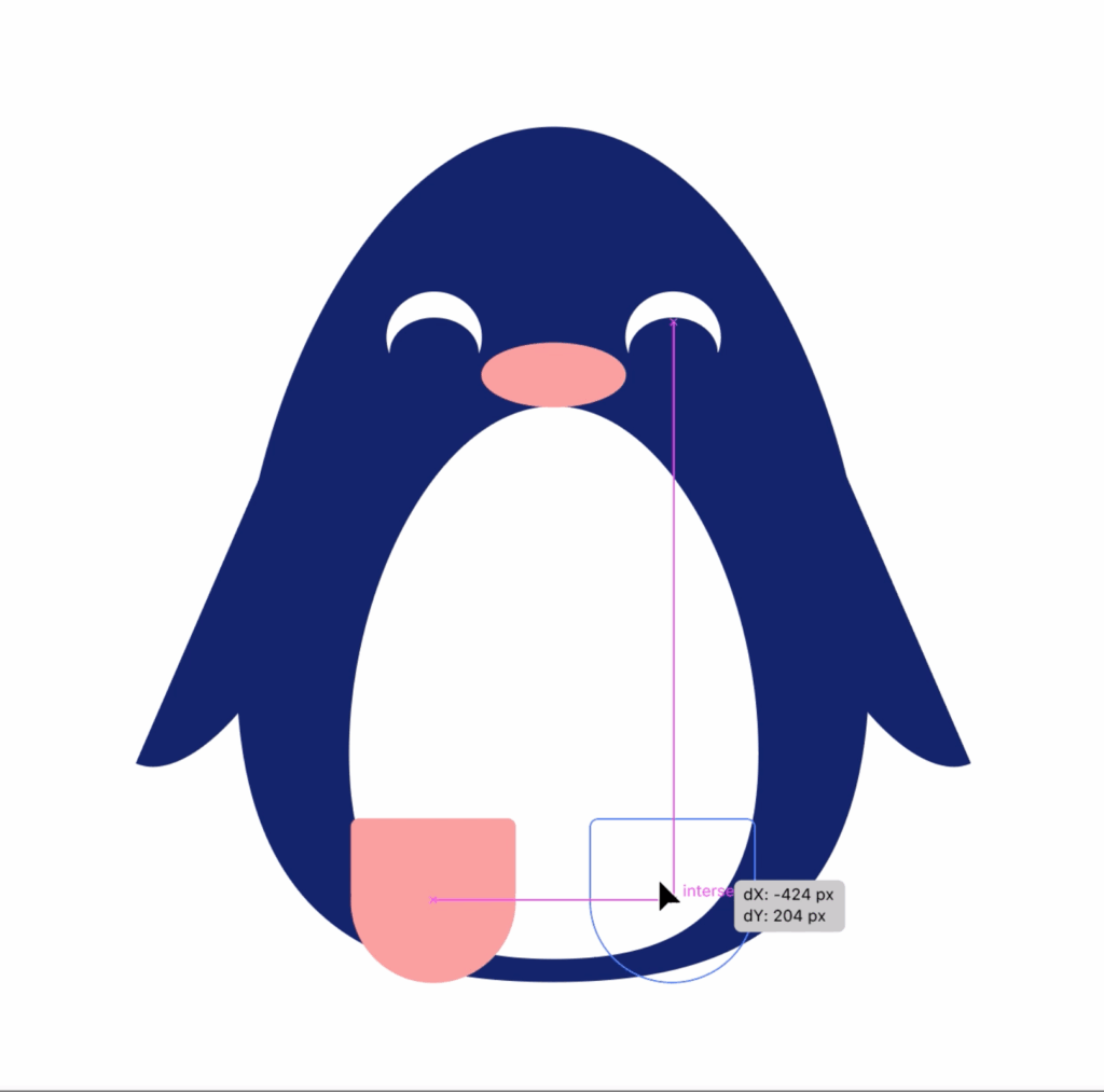 Illustration of a blue penguin with a pink beak and belly, showing pink foot shapes being aligned using smart guides