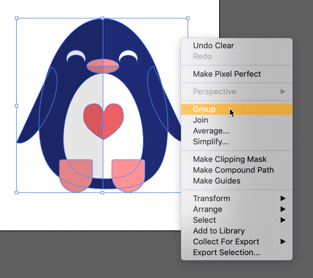 Penguin selected with a settings panel open and Group highlighted