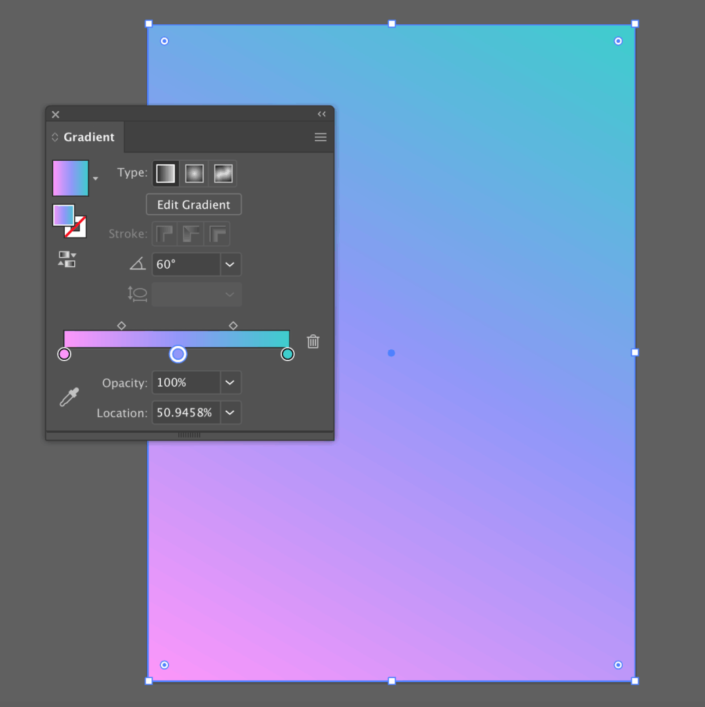 Blue-purple-pink gradient rectangle with a gradient panel pop up on the left