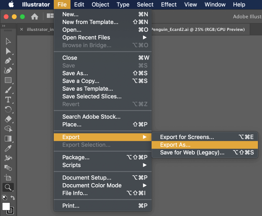 Illustration panel with File dropdown and Export > Export As highlighted