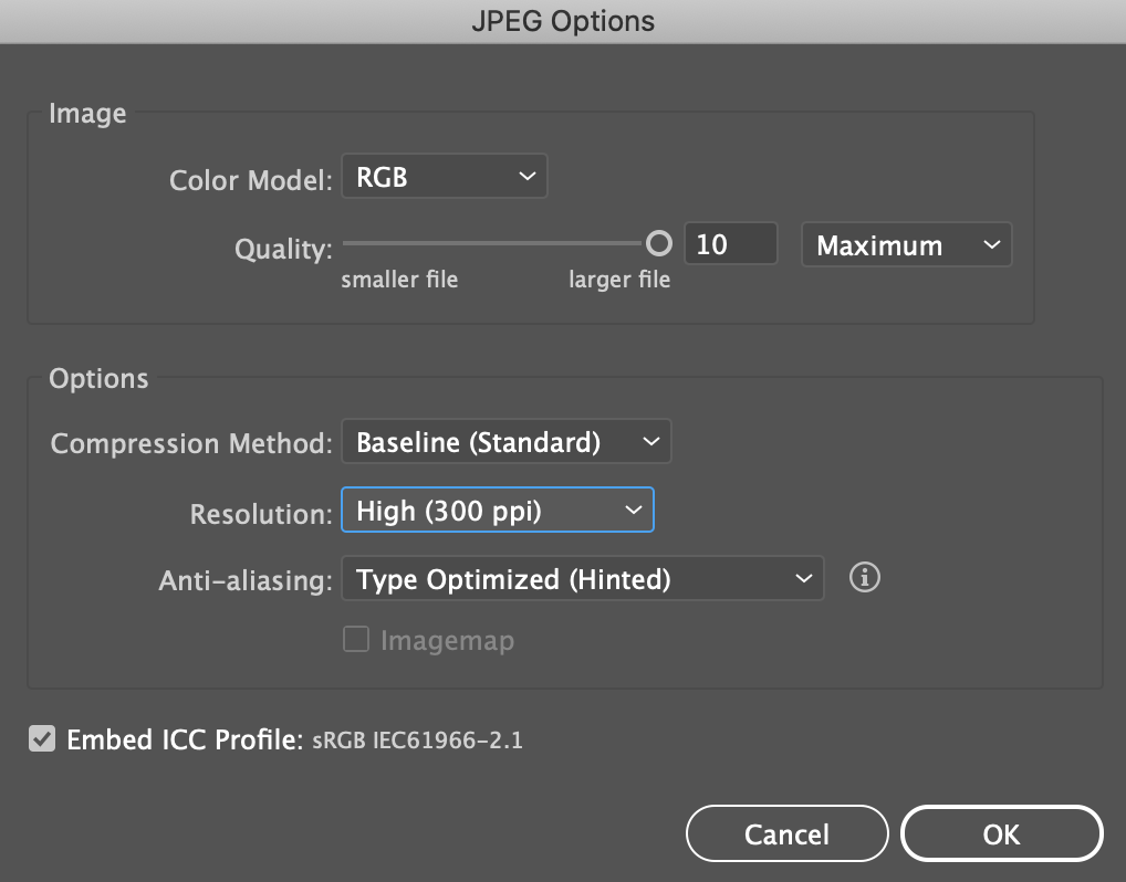 JPEG window panel with settings and High (300 ppi) highlighted