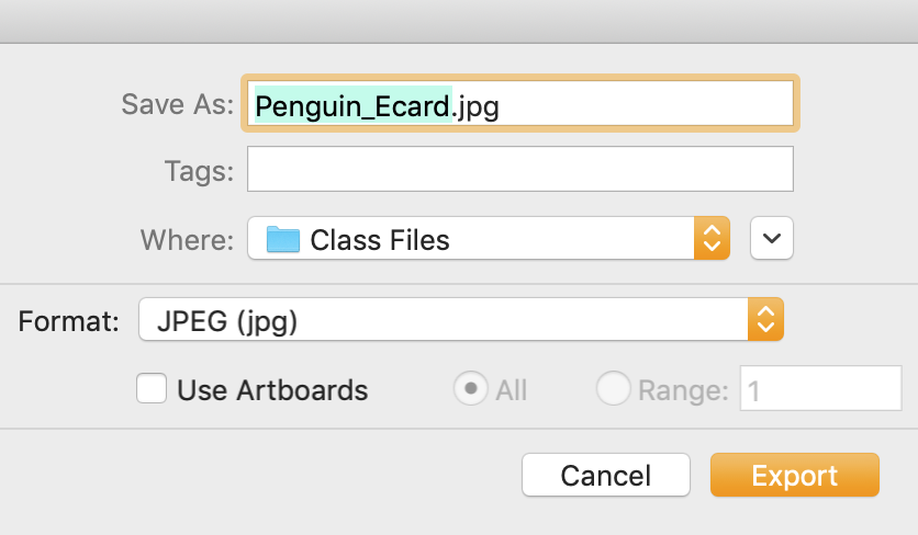 Save as pop up panel with export settings including Penguin_Ecard as JPG name