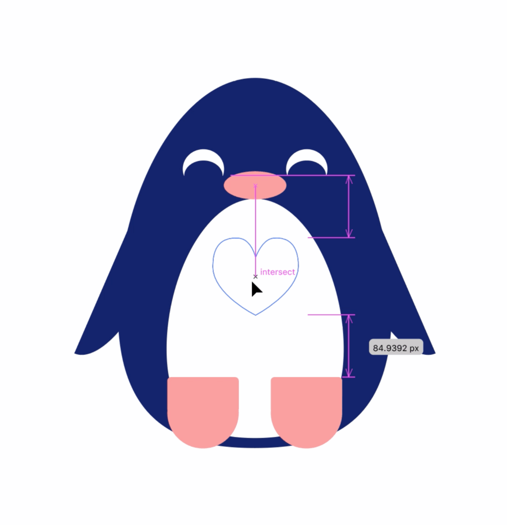 Illustration of a blue penguin with a pink beak and feet, showing a heart shape being aligned on its belly using smart guides.