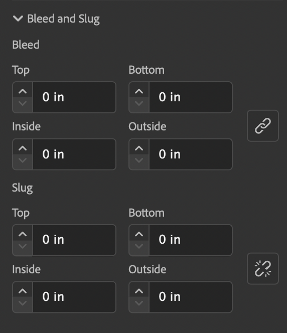 bleed and slug settings for new indesign project