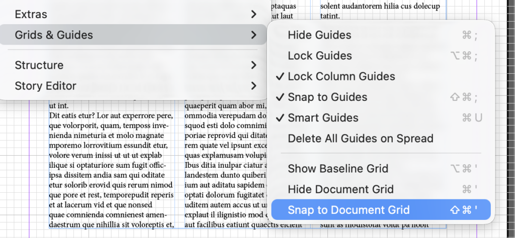 Snap to Document Grid option highlighted from the Grids & Guides View Menu