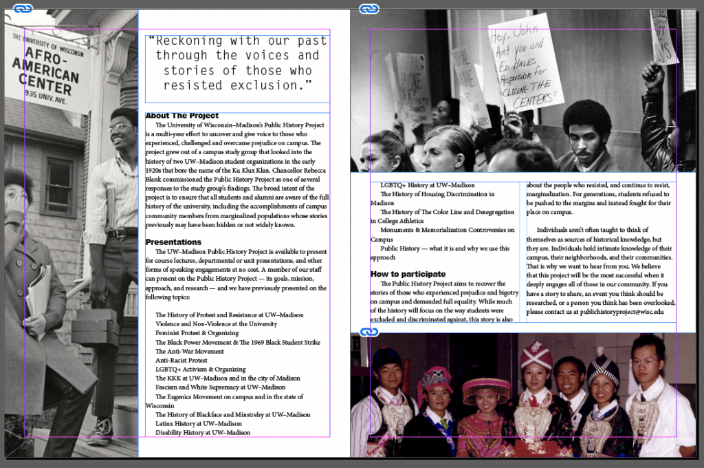 FInished InDesign spread about the UW-Madison History Project