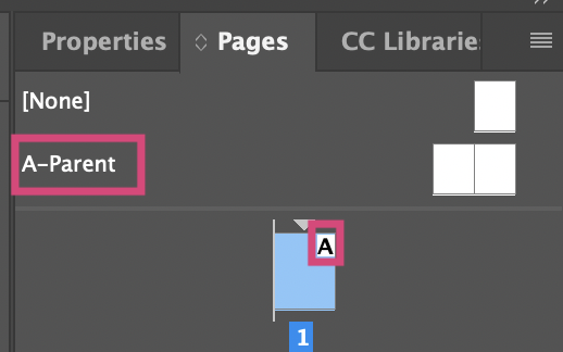 Pages panel with the "A-Parent" page highlighted as well as the "A" label on page 1