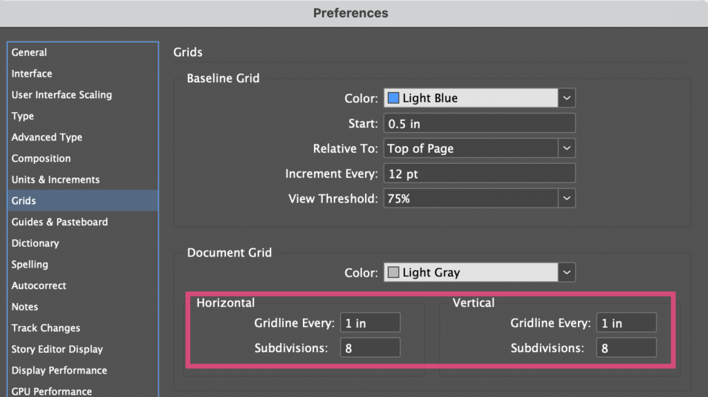 InDesign preferences with the Grids section selected and the "Horizontal and Vertical settings highlighted