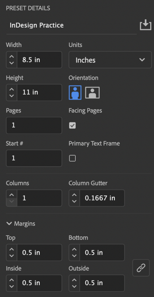 preset details dimensions for new indesign project