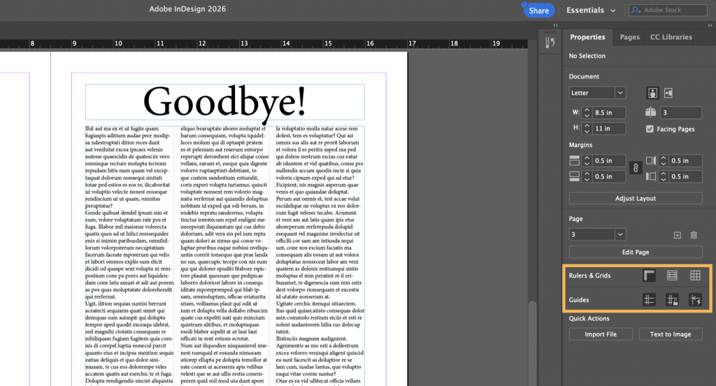 wide view of an InDesign project with the Properties Panel opened. Rulers, Grids, and Guides section is highlighted.