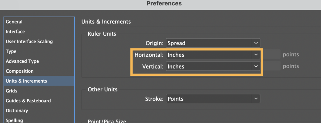 Units and Increments preferences with the "horizontal: and "vertical" ruler units highlighted