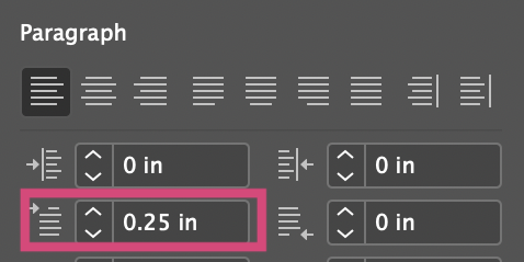 paragraph options with the first indent icon highlighted
