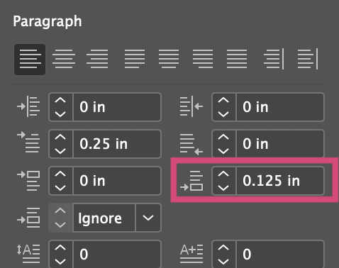 paragraph options within the Properties Panel with the space after icon highlighted