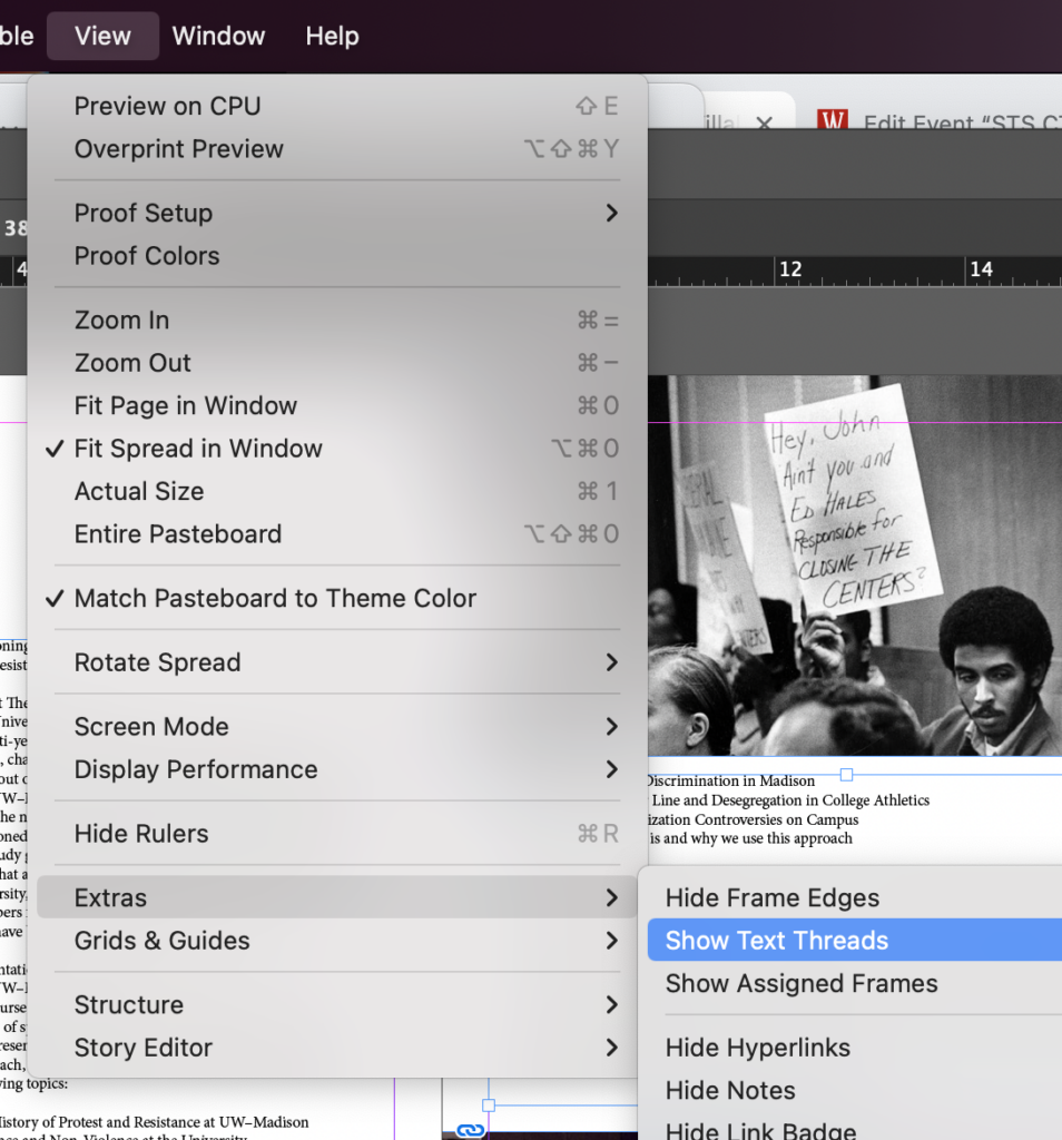 View Menu showing the "Extras" options and selecting "Show Text Threads"
