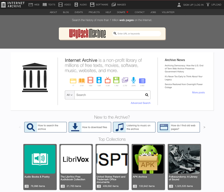 Screenshot of the Internet Archive