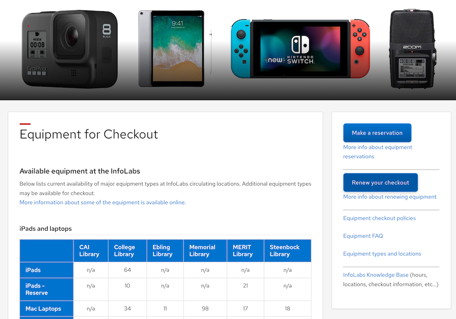 Screenshot of the equipment checkout page from UW Libraries