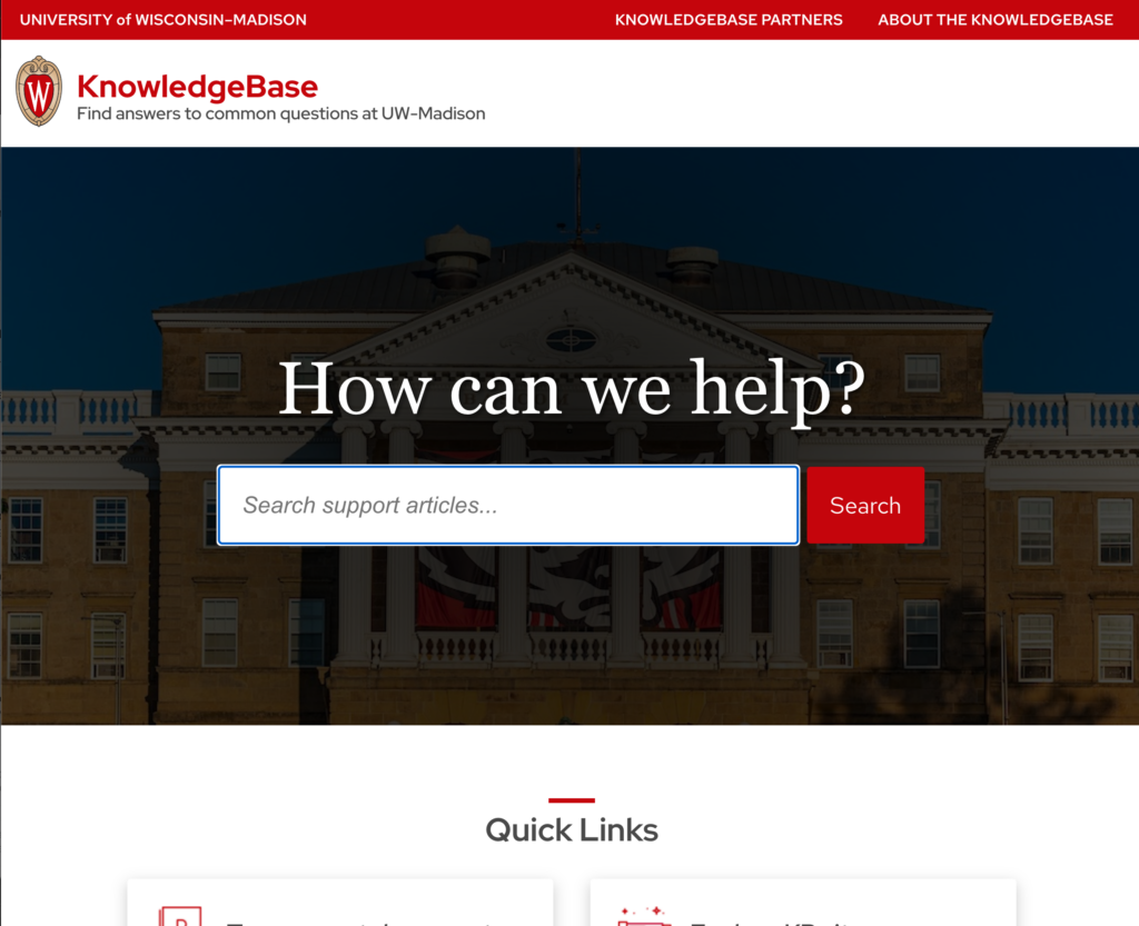 Screenshot of the homepage of the UW-Madison Knowledge Base