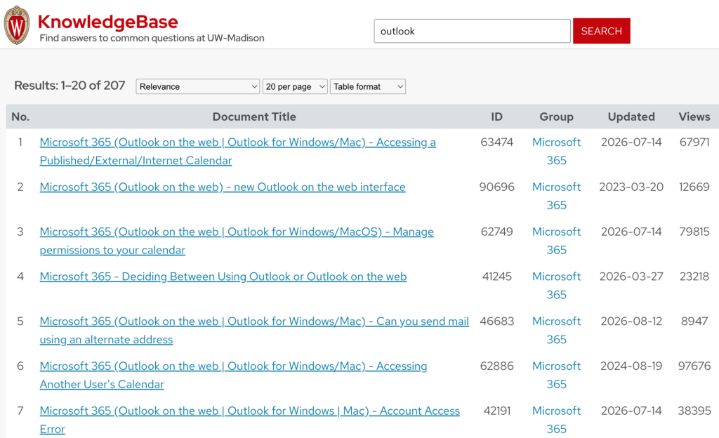 Screenshot of the UW-Madison KB search results for Outlook