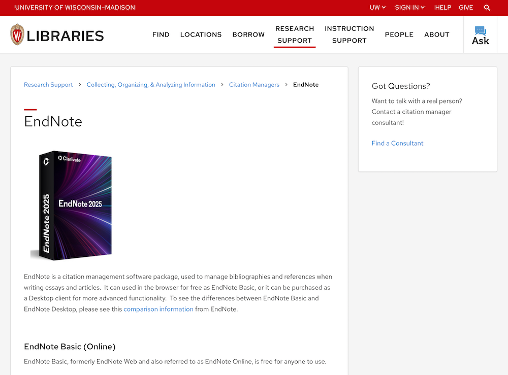 Screenshot of the UW-Madison LIbraries page on EndNote
