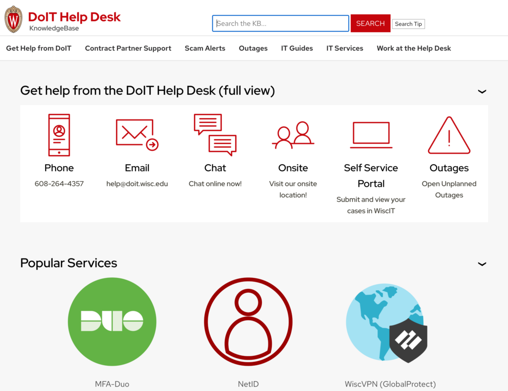 Screenshot of the DoIT Helpdesk homepage