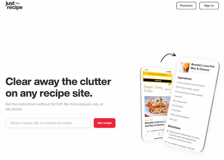 Screenshot of the Just The Recipe homepage