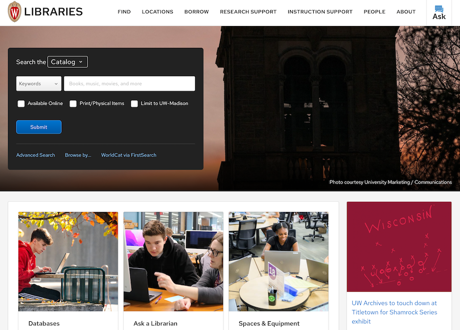 Homepage of the UW Madison Libraries