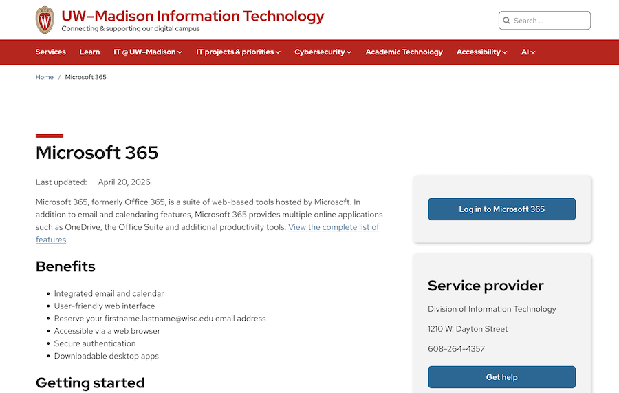 Screenshot of the UW-Madison homepage for Microsoft 365