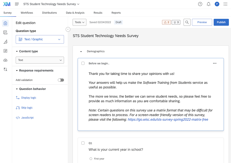Screenshot of the interface for Qualtrics
