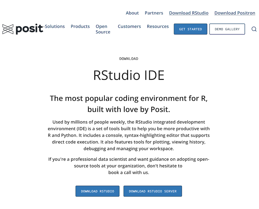 Screenshot of the download page for R Studio