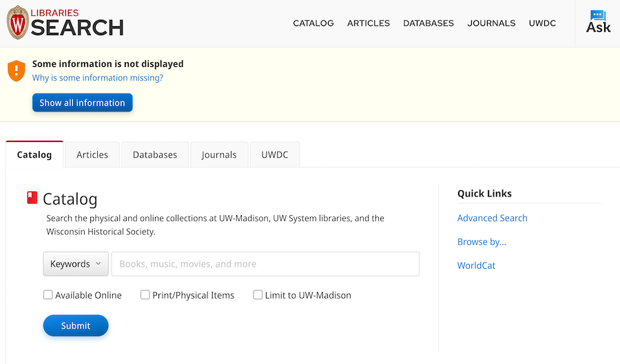 Screenshot of UW Madison library search page