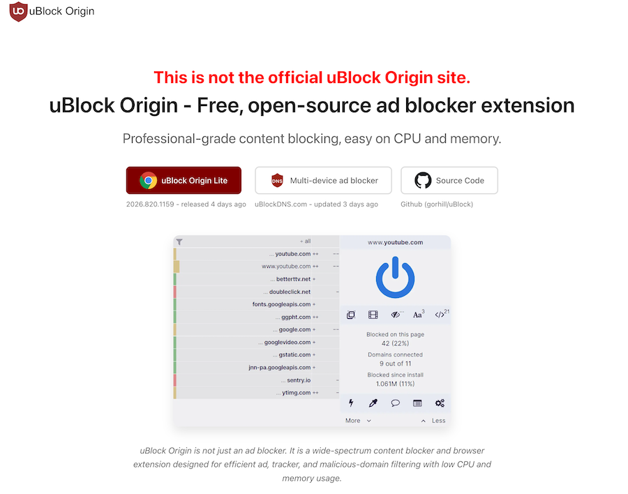 Screenshot of uBlock Origin's homepage