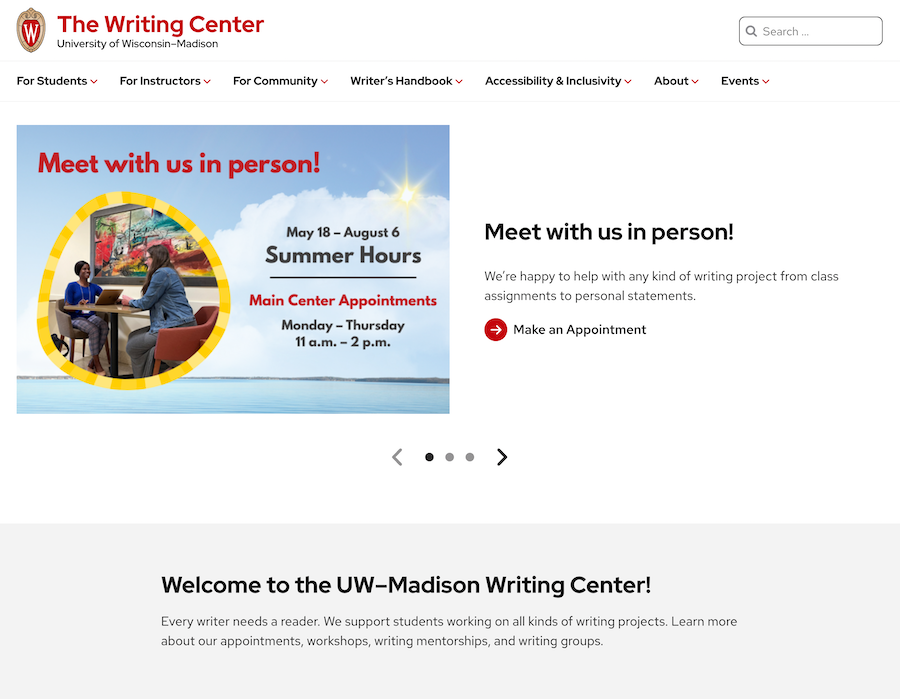 Screenshot of UW Madison's Writing Center homepage