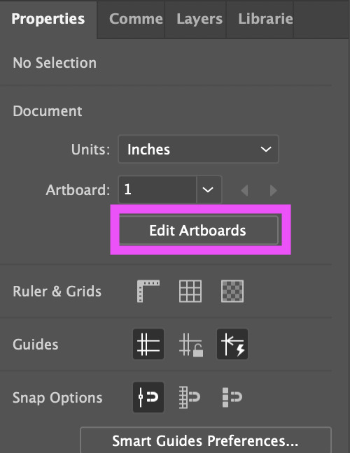 Properties Panel with the "Edit Artboards" button highlighted