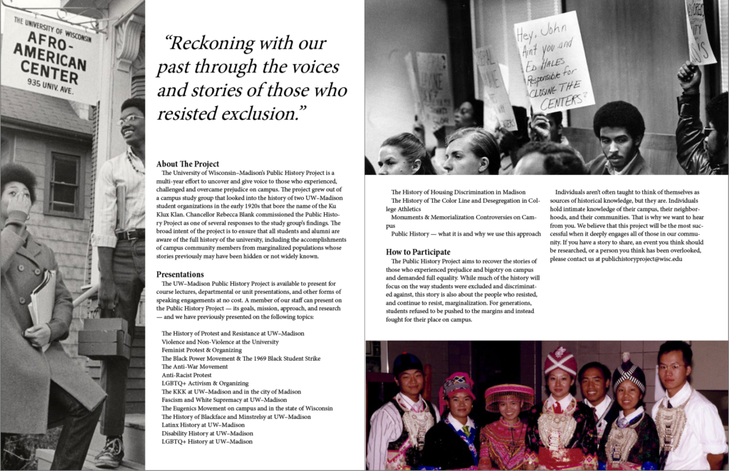 Spread of our InDesign Practice project. Left page has 1 large image on the left-side with text on the right side. Right page has images on the top and bottom with two-column text inbetween.