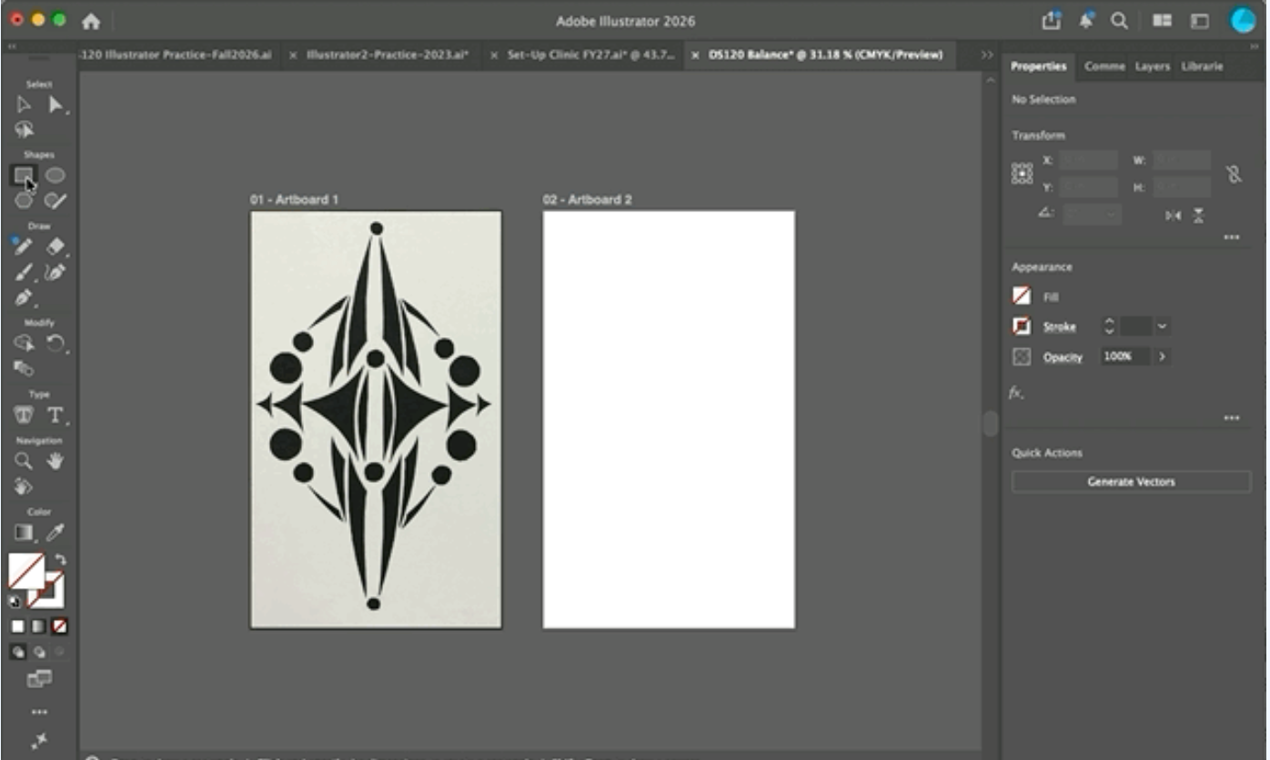Screenshot of the Illustrator interface showing the two artboards for the DS 120 Balance project