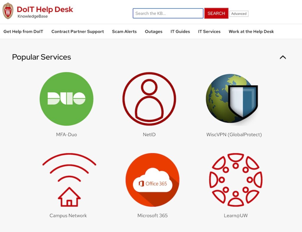 UW Madison's DoiT Help Desk homepage, with a number of colorful buttons showing the various tools supported, like Duo, NetID help, and Office 365.