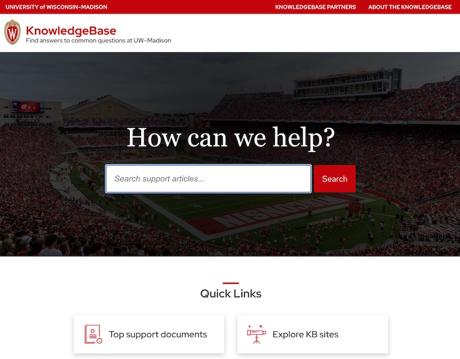 A screenshot of UW Madison's Knowledge Base, with the caption "how can we help?"