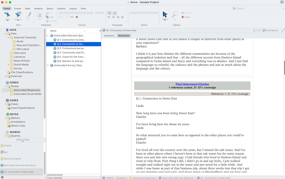 Screenshot of the NVivo interface showing a document being coded for research