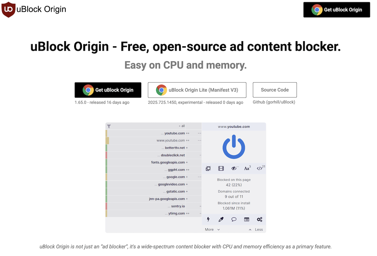 Screenshot of uBlock Origin's homepage
