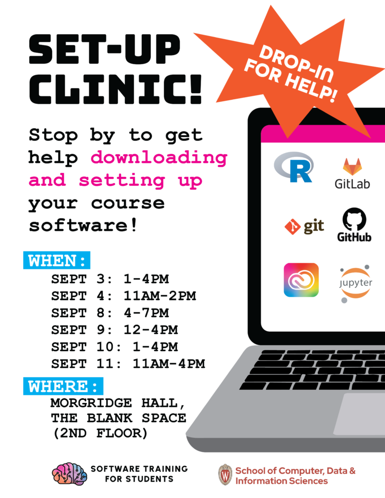 Flyer for September set-up clinics to help get your computer set up with software for class. Dates are September 3 from 3pm to 4pm, September 4 from 11am to 2pm, September 8 from 4pm to 7pm, September 9 from 12pm to 4pm, September 10 from 1pm to 4pm, and September 11 from 11am to 4pm in Morgridge Hall on the Second Floor, in the Blank Space