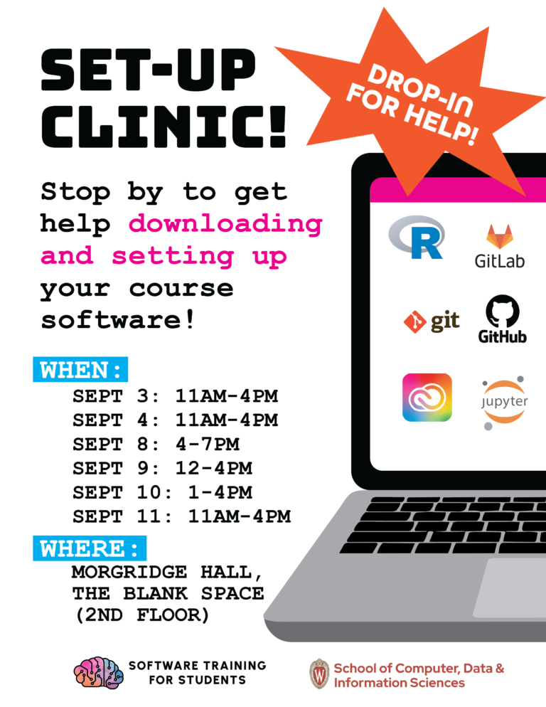 Flyer for September set-up clinics to help get your computer set up with software for class. Dates are September 3 from 11am to 4pm, September 4 from 11am to 4pm, September 8 from 4pm to 7pm, September 9 from 12pm to 4pm, September 10 from 1pm to 4pm, and September 11 from 11am to 4pm in Morgridge Hall on the Second Floor, in the Blank Space
